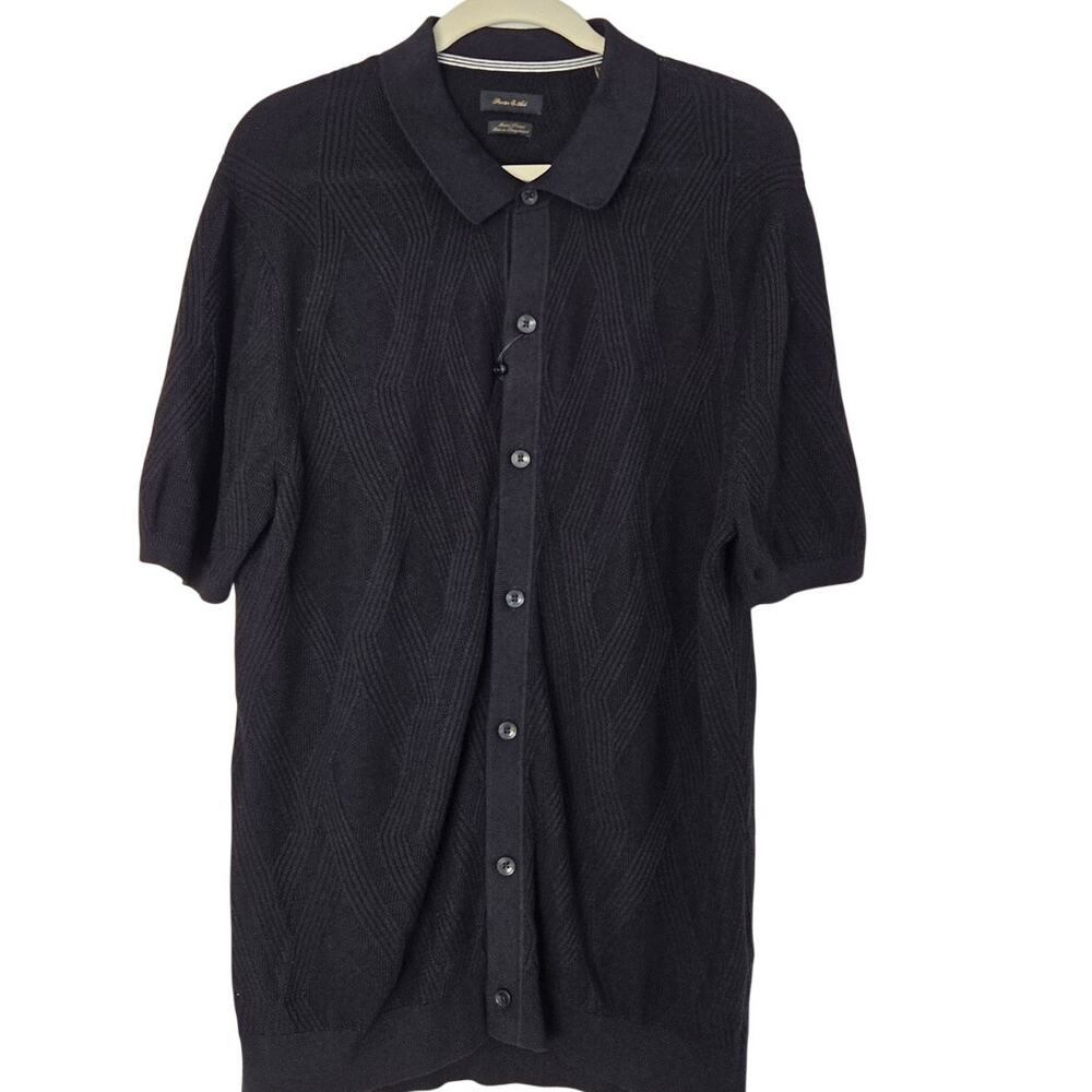 Elevated Casual Black Luxury Knit Diamond Jacquard Button‑Down Polo Sweater L